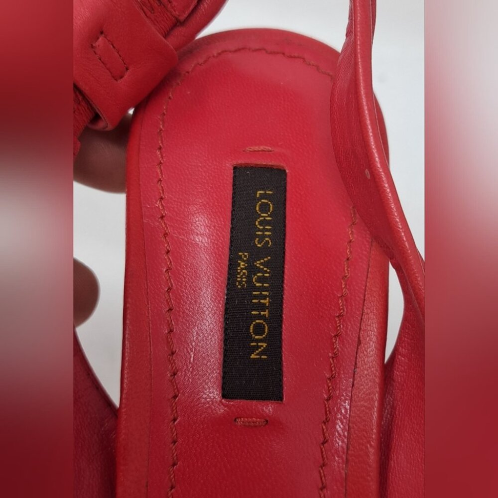 Louis Vuitton Red Leather Platform Slingback Sandals Deerskin Cork 37.5 EU / 7.5 - Picture 4 of 16